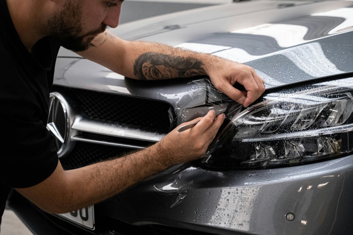 Technician installing clear paint protection film around a headlight